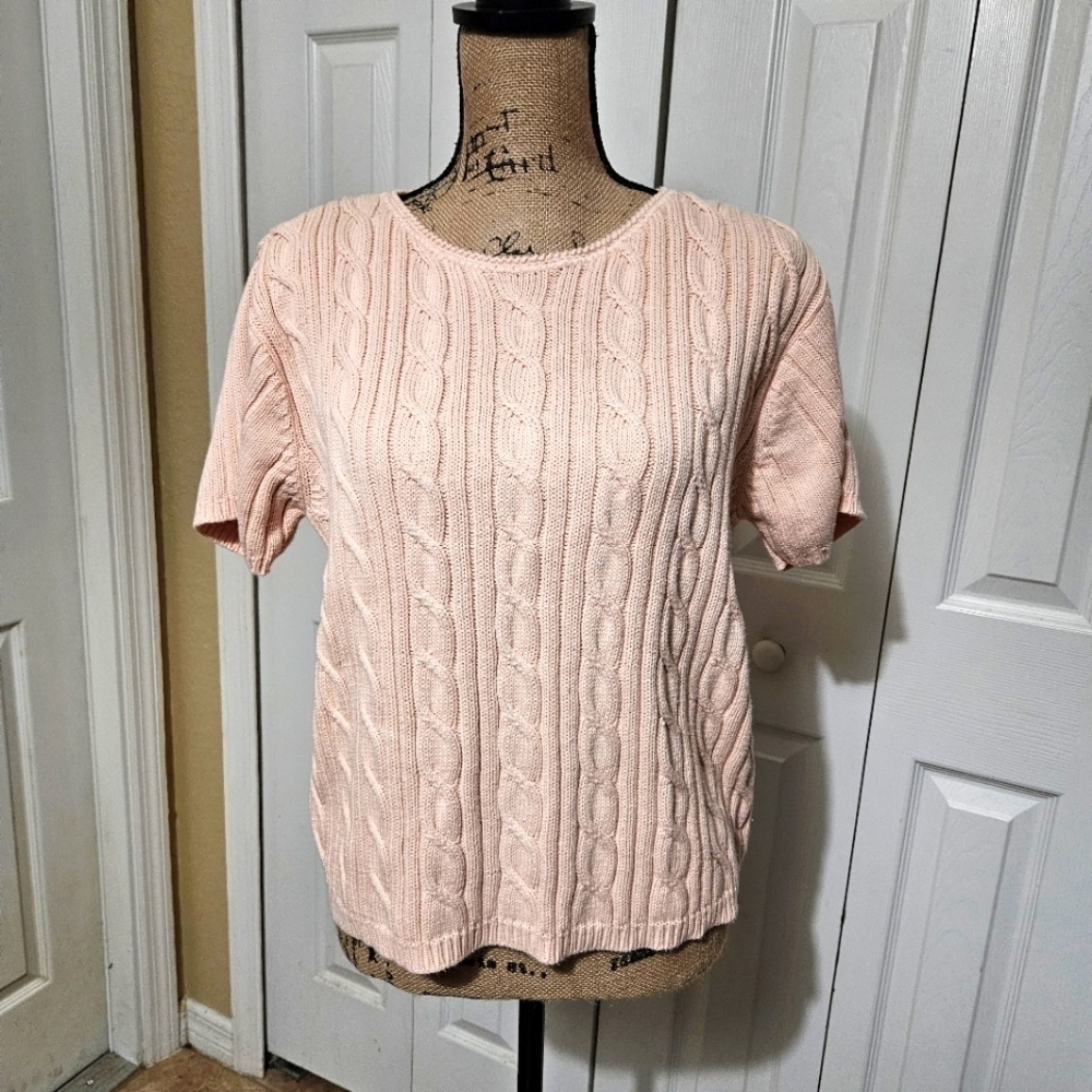 Liz Claiborne Pale Pink/Peach Short Sleeve Cable Knit Sweater Size L